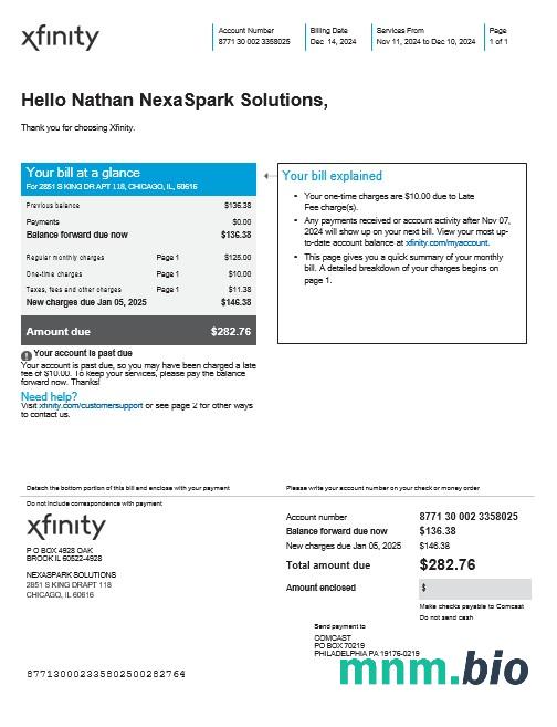 USA XFINITY rachunek za usługi komunalne Word i szablon PDF